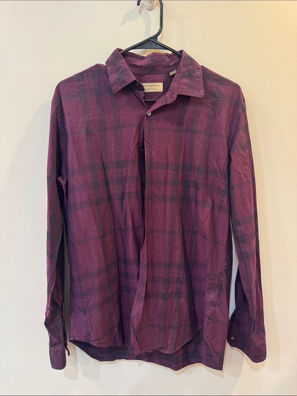 Burberry Men's Burgundy Plaid Long-Sleeve Button-Down Shirt